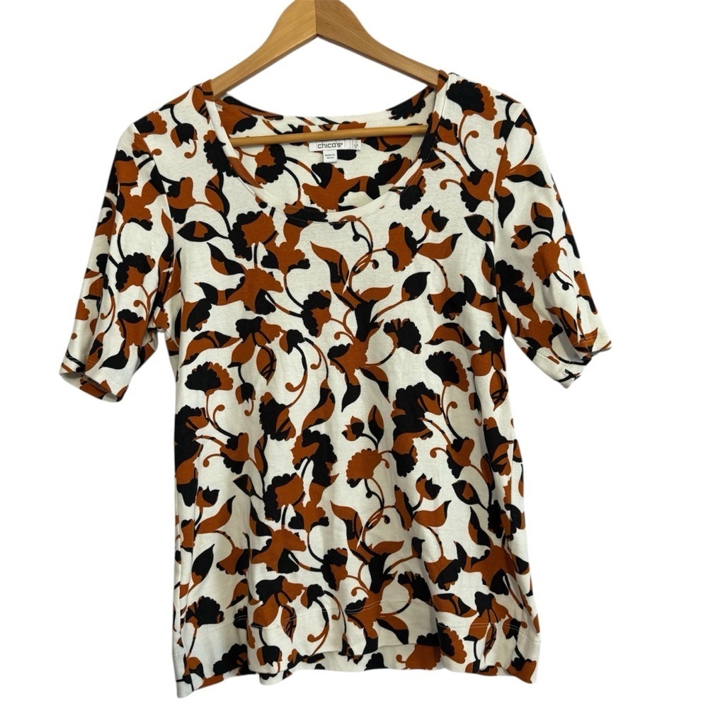 Chico's Alabaster Floral Everyday 100% Cotton Knit Top Size 1